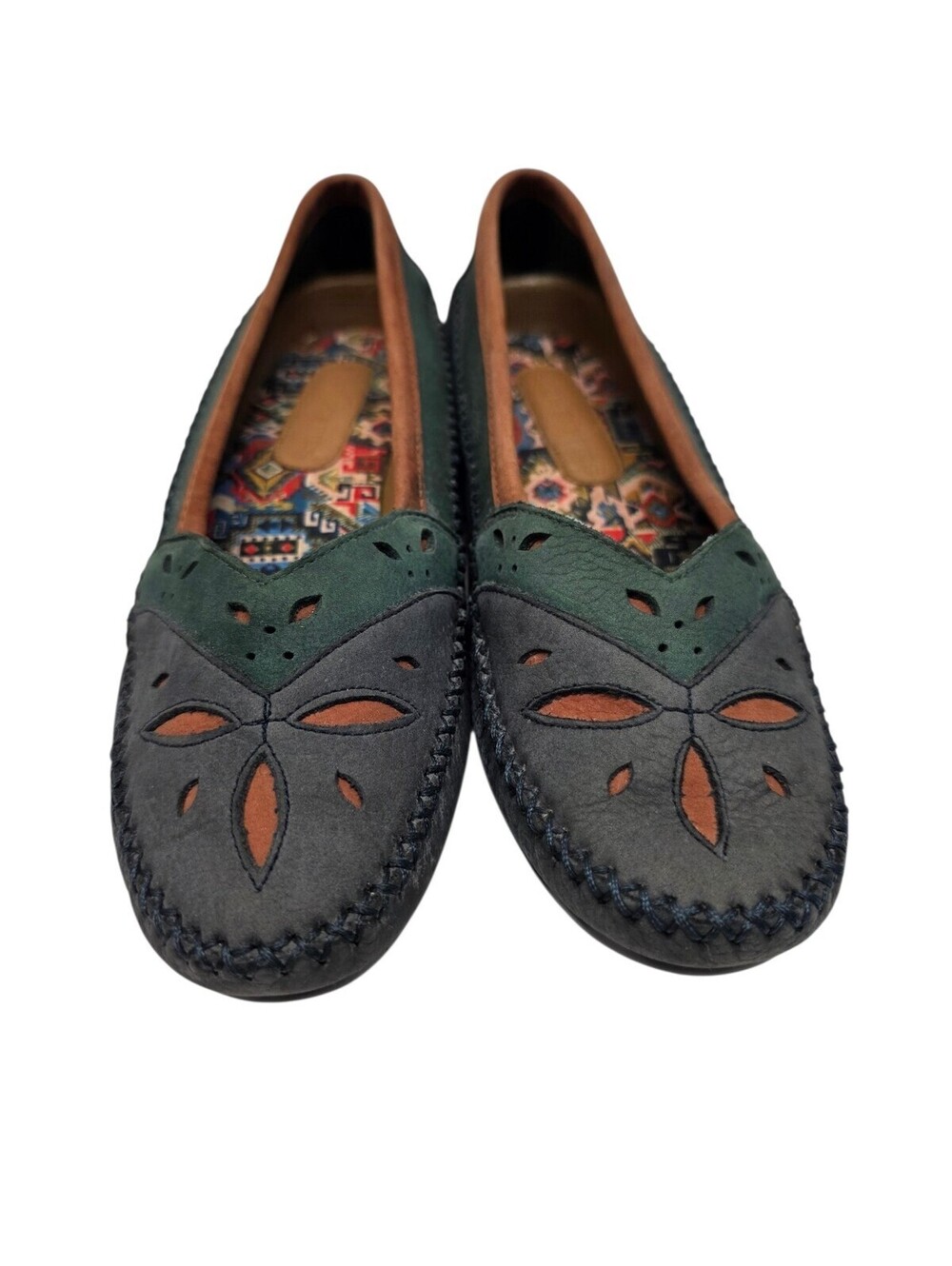 Vintage Hush Puppies Boho Cutout Leather Moccasins Loafers 9.5W Hand Stitched